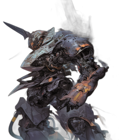 A full body portrait of an armoured mecha with dark metal plating and glowing orange accents, in the style of [Yoji Shinkawa](https://goo.gl/search?artist%20Yoji%20Shinkawa) and [Ross Tran](https://goo.gl/search?artist%20Ross%20Tran), on a black background, fantasy illustration