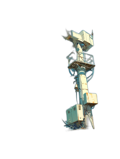 a white 3d render of an abandoned futuristic communication tower on black background, cyberpunk, minimalistic design with blue accents, isometric view, minimal details