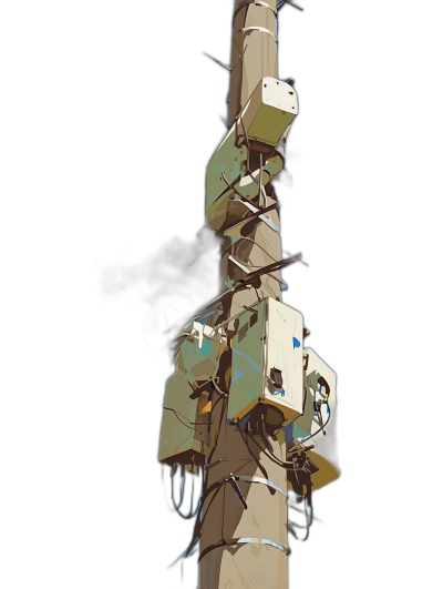 A tall pole with several broken and damaged small camera boxes attached to it, wires wrapped around the bottom of each box, digital illustration in the style of [Atey Ghailan](https://goo.gl/search?artist%20Atey%20Ghailan) and [Mary Blair](https://goo.gl/search?artist%20Mary%20Blair), isolated on a black background, with no text or letters in the picture.