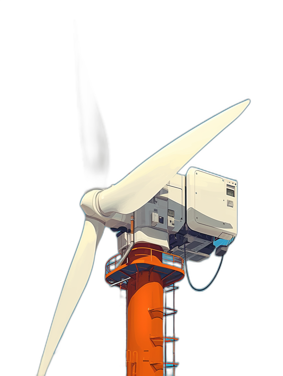 A white wind turbine with orange details, a small control box on the blade of the sail and an energy generator attached to it against a black background. Done in a cartoon style.