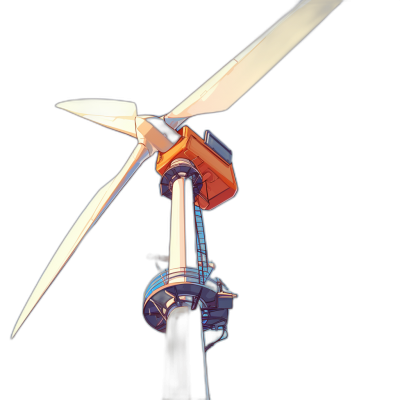 A wind turbine with blades in the style of Ghibli anime, on a black background, in an isometric view, with studio lighting, rendered in Octane, with a hyper realistic and ultra detailed wide shot, featuring white and orange colors, soft shadows, and clean sharp focus in a cinematic photographic style.