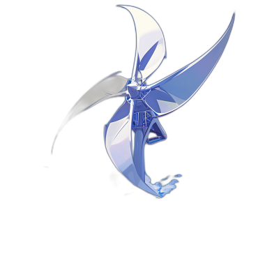 flying curved silver icon of an anime character with wings, simple shapes, on a black background, 3D render, a blue and white color scheme, a minimalistic design, a fantasy flying creature with wings, sharp edges, sharp lines, a game asset, in the style of game art, high resolution