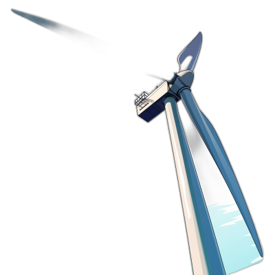 A wind turbine, vector illustration in a cartoon style, with simple lines on a black background and a blue and white color scheme, showing a closeup of the blades. A high angle perspective with a strong sense of light and shadow. The blade is curved like an arrow shape. It has clear details and highlights on the turbines main body, presenting sharp edges. Flat colors are used to highlight modernity. A wideangle lens captures fullbody images. A cool tone enhances the overall visual impact, in the style of.