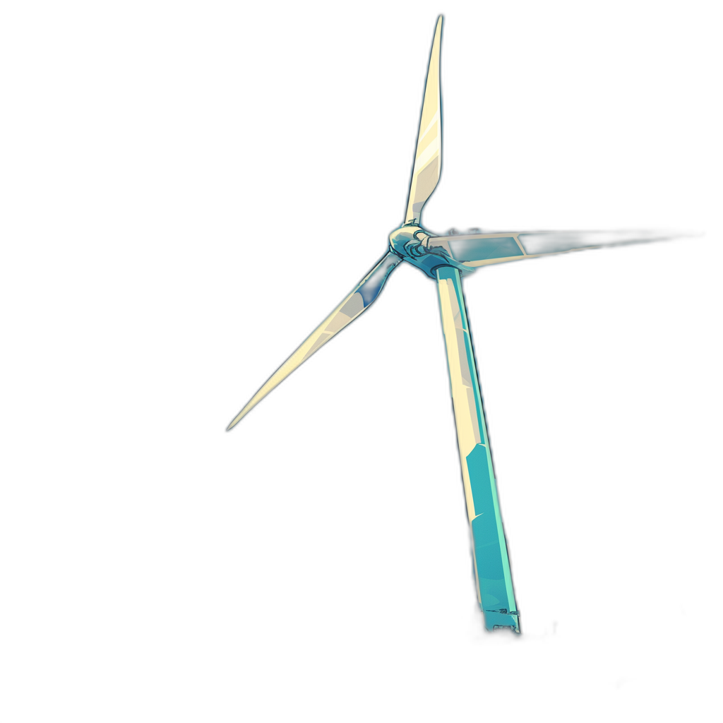 A wind turbine with blue and white colors on a black background, rendered in a minimalist and simple style, with a front view from a low angle in a centered composition, rendered in the style of cinema4D with studio lighting and global illumination for a hyperrealistic and high resolution appearance.