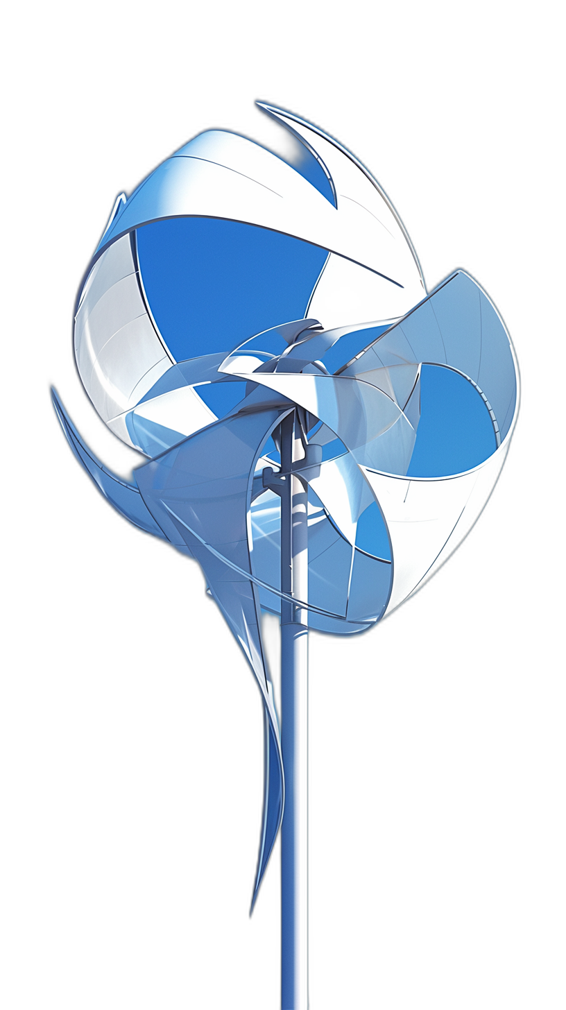 A futuristic windmill with a blue and white design, isolated on a black background, in an ultra realistic photographic style.