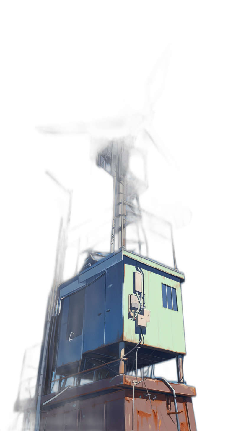 A realistic photo of an abandoned steel blue and cream control cabin with two windows on top, sitting atop the gondola in front of a black background. The scene depicts a dark, high contrast, low light, night time environment with the cabin isolated.