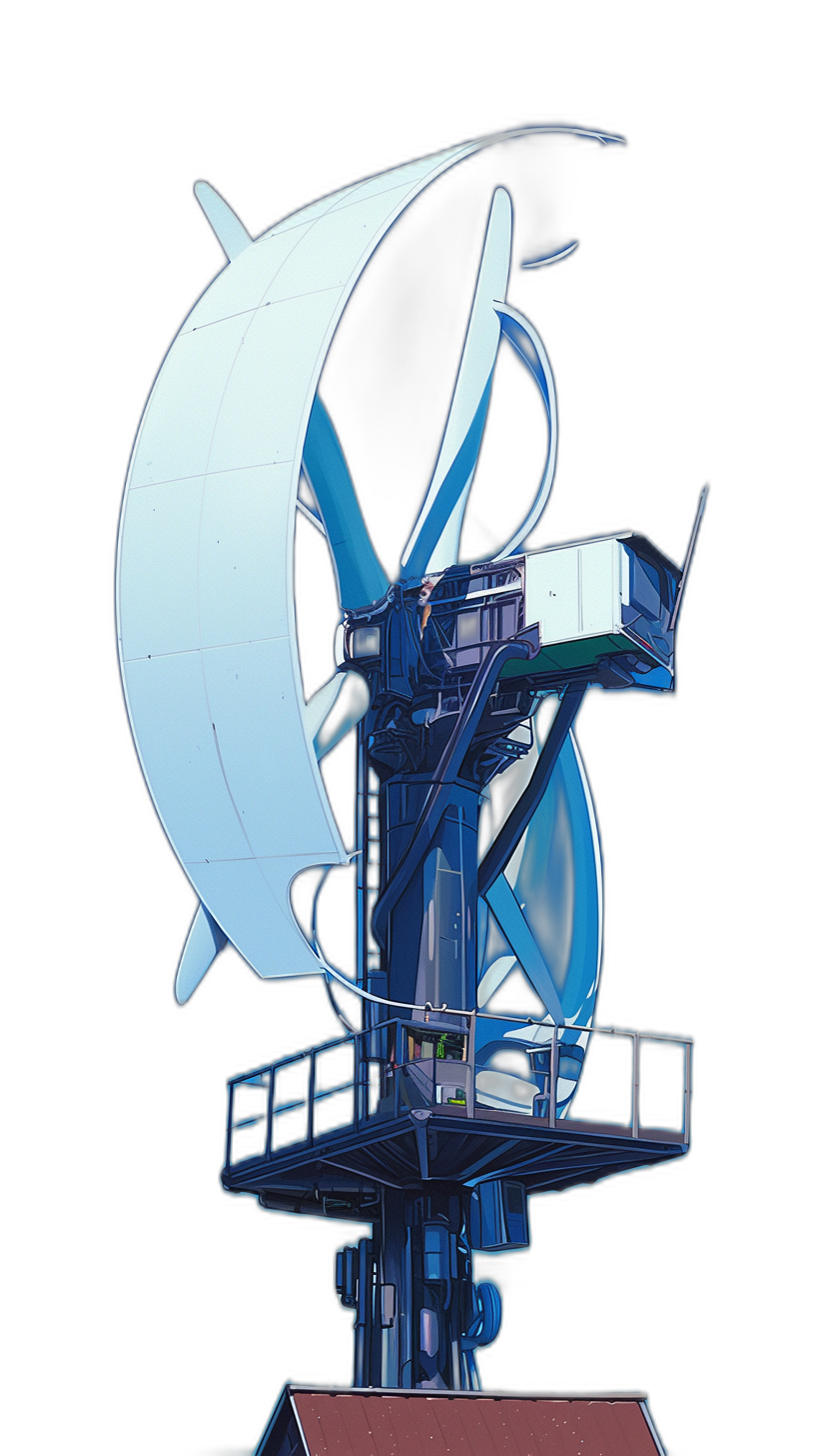 A blue and white wind turbine with an open roof on top, against a black background, in the style of [Leiji Matsumoto](https://goo.gl/search?artist%20Leiji%20Matsumoto), a detailed illustration, a full body shot, hyper realistic.