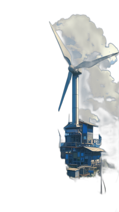 A wind turbine with white smoke coming out of it, on top is an electric power station and below there is the silhouette of a building, 3D render, black background, in the style of Pixar.