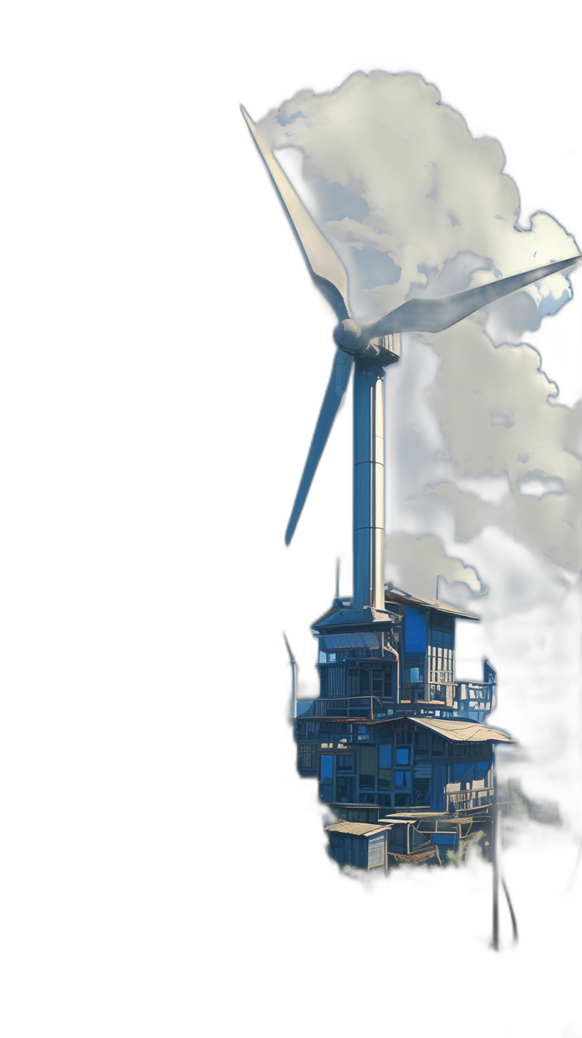 A wind turbine with white smoke coming out of it, on top is an electric power station and below there is the silhouette of a building, 3D render, black background, in the style of Pixar.