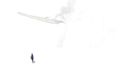 A large white paper airplane glides through the darkness, with only one small silhouette of an Asian person standing on it, captured in high definition photography. The scene is illuminated by soft light from above, creating a strong contrast between black and bright colors. This composition creates a mysterious atmosphere, drawing attention to both the human presence and aerial flight.