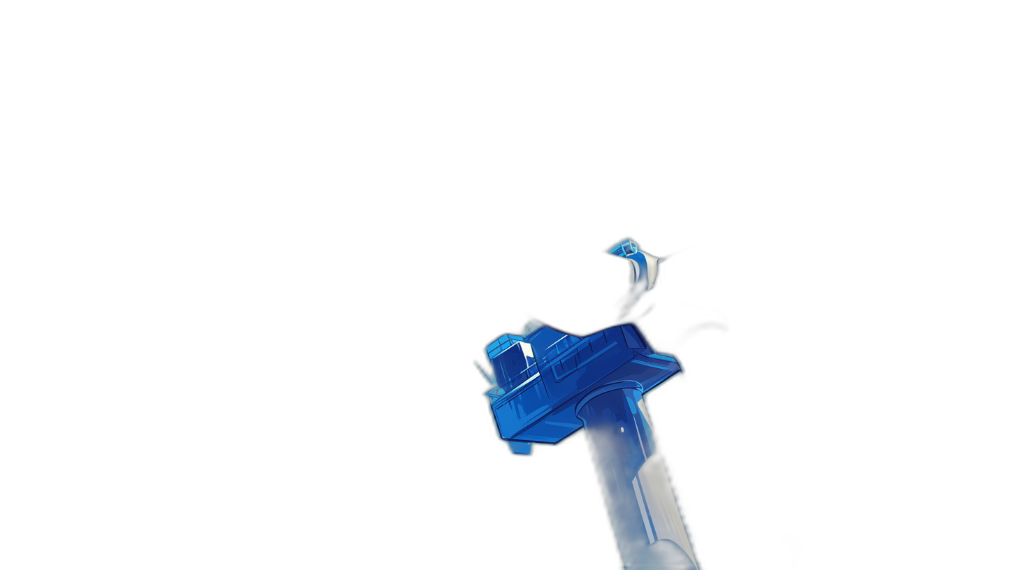 Blue and black glowing Gundam toy sword in the air on a pure solid black background, in a minimalist style, in the style of a studio photography closeup.