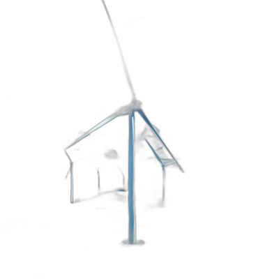 A wind turbine is shown in an x-ray style illustration on a black background, featuring light blue and silver styles. It features solar panels under the house roof with high resolution detail, glowing shadows, and a pure dark environment. The design incorporates 3D rendering, minimalism, high definition, and high quality detail.