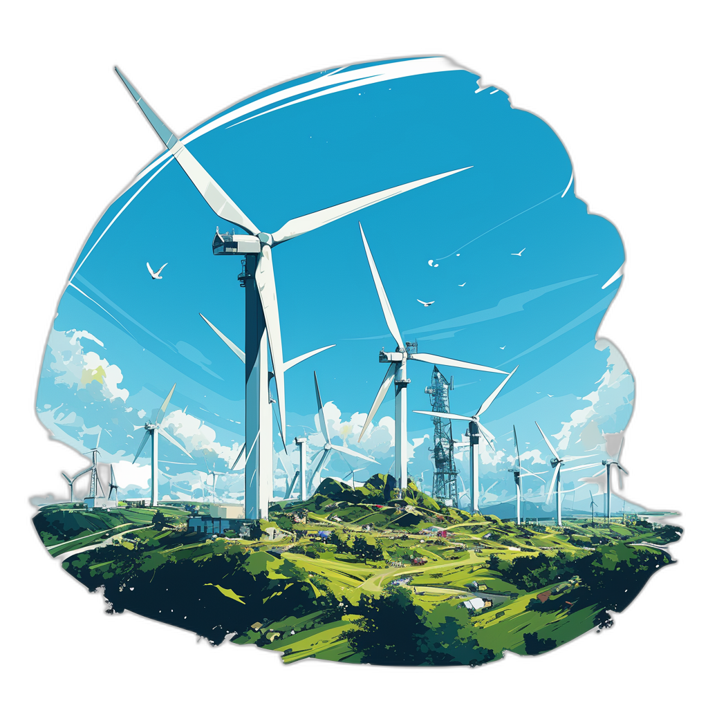 tshirt design depicting wind turbines with white blades situated in the middle of an island surrounded by green fields, wind towers atop hills against a sky blue color palette, in the vector illustration style, in the style of anime manga cartoons, on a solid black background with clean sharp focus at a high resolution