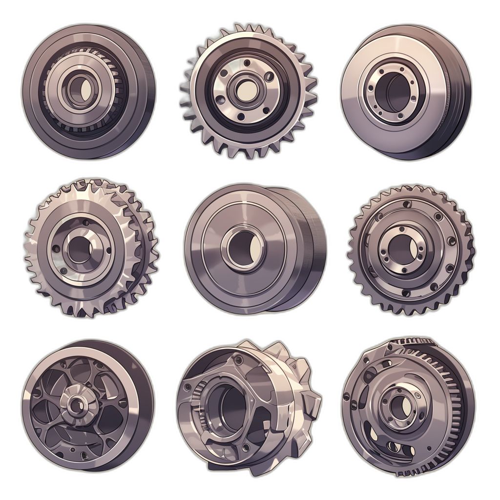 Set of car wheel hub material icons in the style of game assets, sprite sheets, low poly, 3D renders with high resolution, high detail, and high contrast on a solid black background with a low level of texture and detail using simple shapes and a low polygon count in a stylized manner.