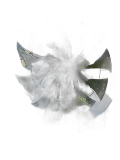 digital art of an abstract windmill, dark background, dramatic lighting, high contrast, surrealistic style, distorted perspective, fisheye lens, floating in the air, floating on water, black sky, green grass and trees visible through broken glass pieces, floating and spinning motion effect, high resolution, sharp focus,