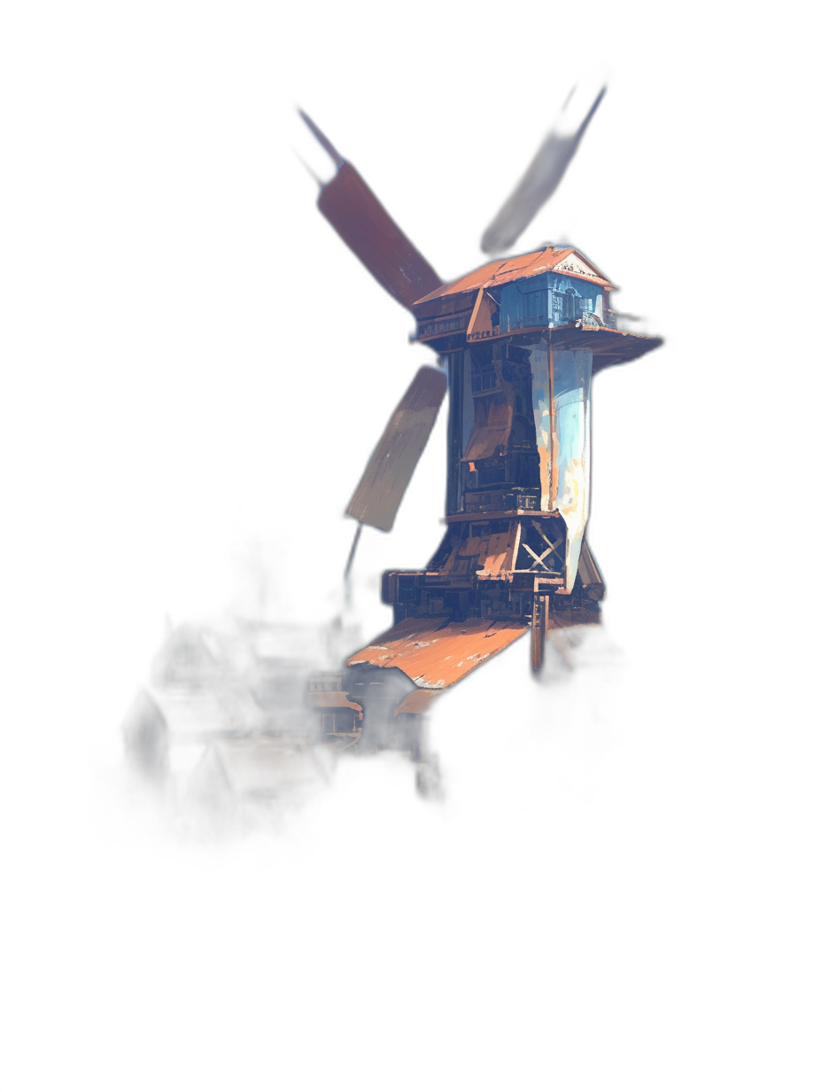 A windmill with blades made of blue glowing glass, in the dark, in an old wooden mill, in the style of concept art, for game design, a 2d illustration, with flat colors, on a black background, in a cartoon style, with a low poly art style using simple shapes, with low detail.