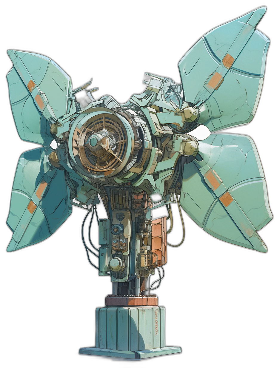 concept art of an animestyle wind turbine with four wings, inspired by the work of [Hayao Miyazaki](https://goo.gl/search?artist%20Hayao%20Miyazaki) and [Studio Ghibli](https://goo.gl/search?artist%20Studio%20Ghibli), in light bluegreen tones with orange accents, on black background, drawn by [Tetsuya Nomura](https://goo.gl/search?artist%20Tetsuya%20Nomura), with detailed mechanical parts, with a central air transition fan inside, with large white wings at each side of it, with no visible blade blades, with rounded shapes and organic lines