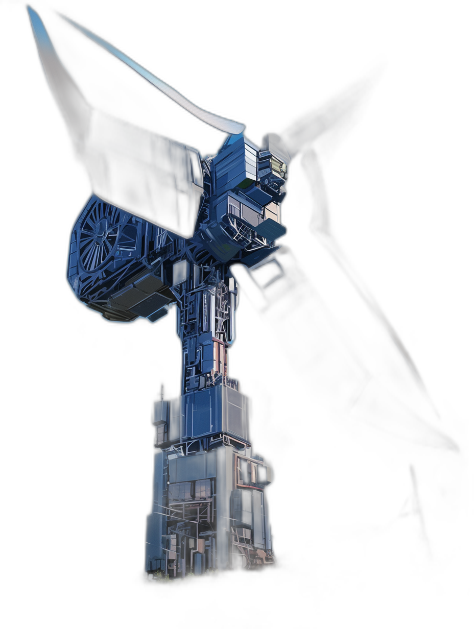 giant blue and black flying wind turbine, black background, gundam design in the style of Eichiro Oda, isometric view, photorealistic detail, anime style, blender, 3D render, hyper detailed