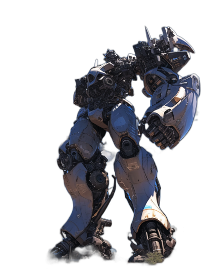 3D render of the G Nairobi mech from Overwatch, in a dynamic pose, on a black background, with high resolution and hyper detailed textures, professionally photographed with sharp focus and intricate details, shot with a Canon R6 Mark II camera.