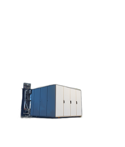 A white square empty podium stands on the left side of an industrial air conditioner against a black background. The metal and plastic cabinet of the podium stands in front of a dark sky. There is nothing inside or around it, only pure darkness surrounds it. It seems to be completely isolated in space.