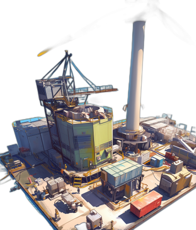 3D isometric model of an industrial power plant with yellow and blue accents on a white background with black lighting. The style is bright with lots of light and hard shadows from a low angle shot in the style of game art. The model is high resolution and hyper realistic as if rendered with Octane or the Unreal Engine.