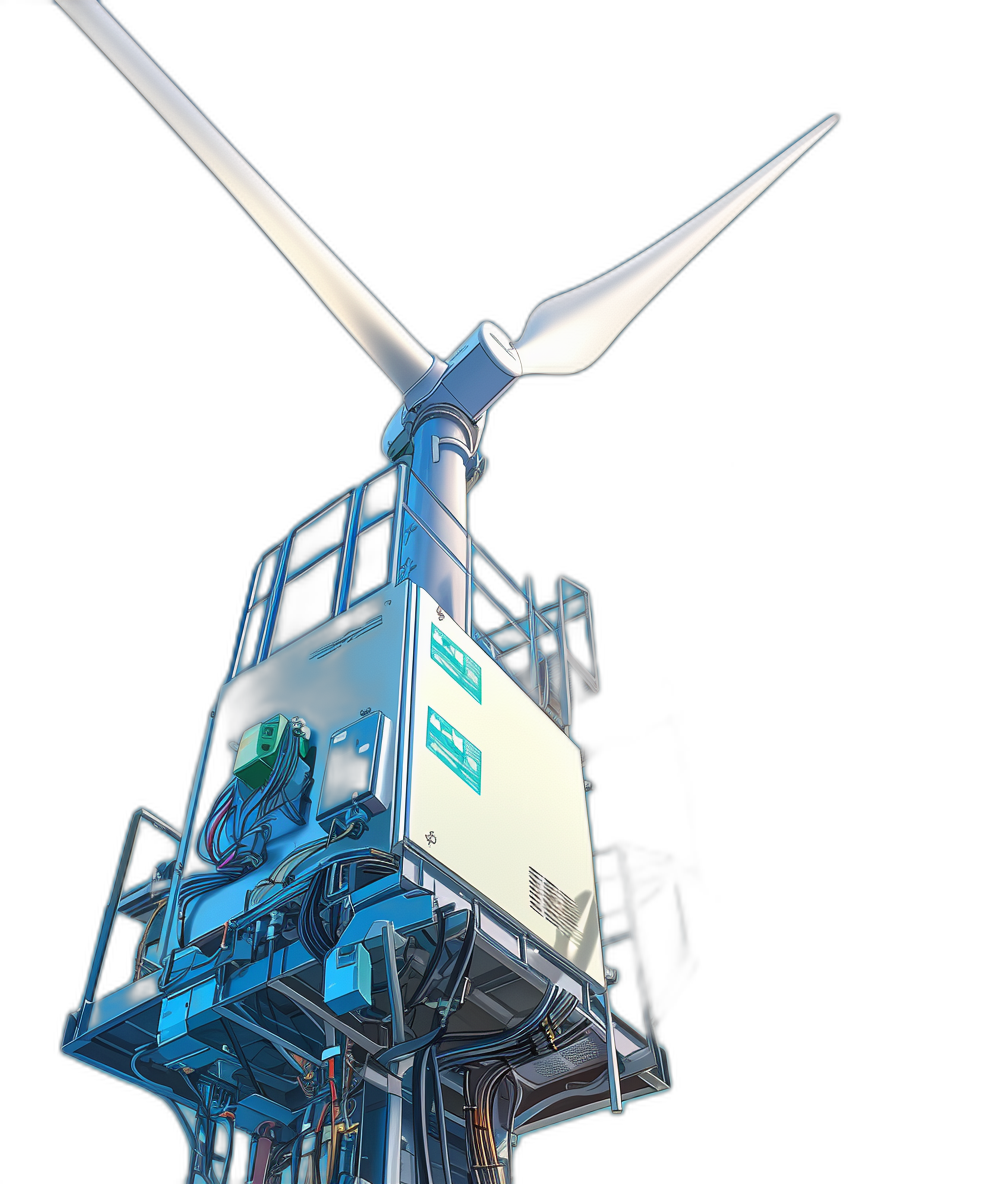 A wind turbine with an open control box on the platform, black background, white blue and green color scheme, realistic style, 3D rendering, perspective view of top to bottom. The base is made up by wires that connect various parts such as blades, the mainframe body, and other electronic equipment.,,in