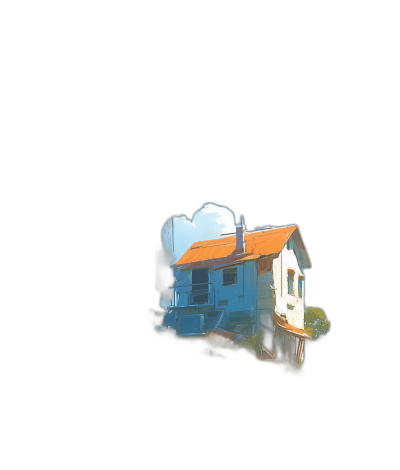 A small house floating in the air, with a black background, in a simple illustration style, primarily white in color, with blue and orange details, created digitally, with a dreamy effect, in the style of surrealism, and a sense of mystery. The overall composition is symmetrical with a strong perspective angle. High definition resolution, with high contrast lighting, and a distant view.