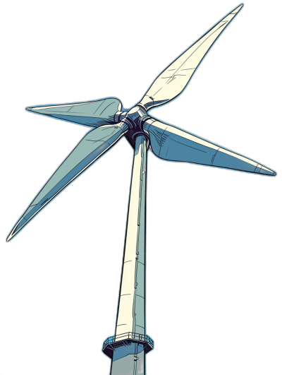 illustration of a wind turbine in the style of anime, simple, low in detail, cel shaded, with a black background, vector art, using a white and blue color theme