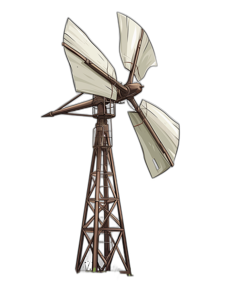 An illustration of an old-fashioned windmill on a black background in the vector art style, for use as a flat 2D game asset in a cartoon style with a white and brown color palette containing no gradients, low detail, low resolution, high contrast, low noise, no shadows, no shading and low lighting.