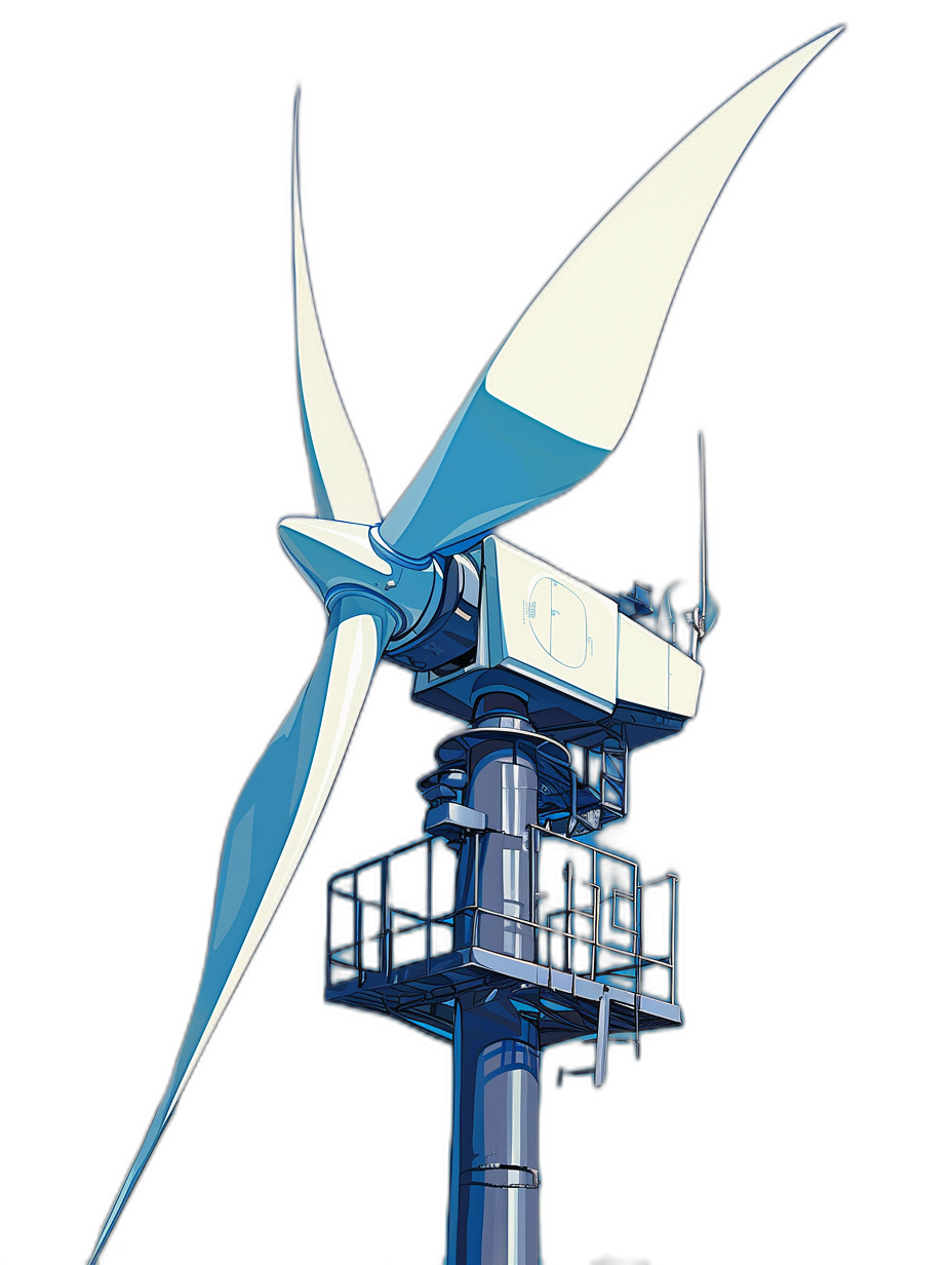 An illustration of an anime style wind turbine with blue and white accents on a black background, in the style of Ghibli studio art, gale-shaped blades.