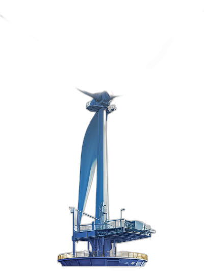 A blue and white wind turbine with three blades on the left side, on top of an electric ship platform. The black background is in the style of minimalism. A detailed illustration. The overall composition creates a sense of balance between the different elements.