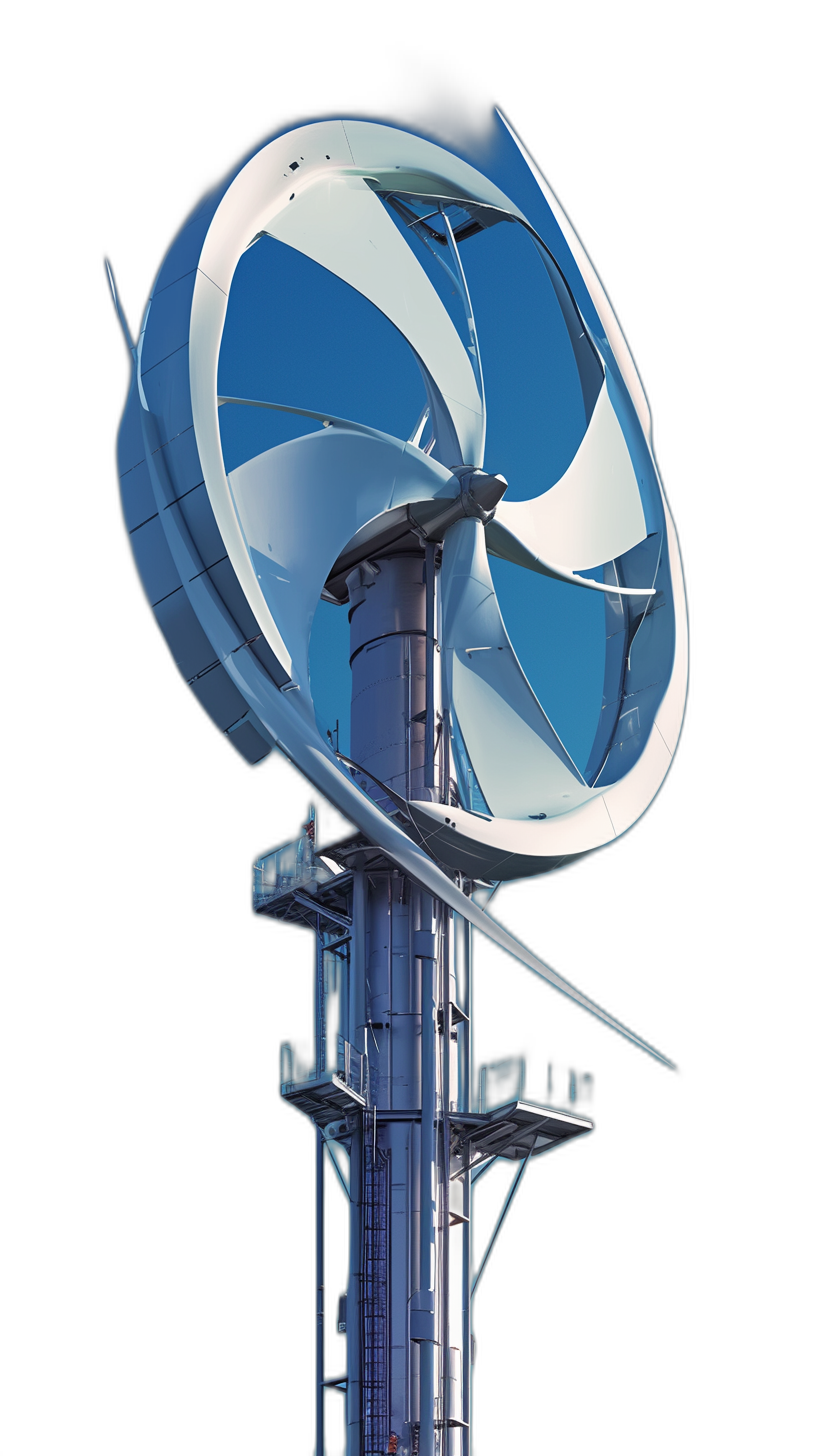 A wind turbine with blue and white blades, on top of an industrial tower, illustrated in the style of [Syd Mead](https://goo.gl/search?artist%20Syd%20Mead) in the style of [Frank Frazetta](https://goo.gl/search?artist%20Frank%20Frazetta), high resolution, isolated on a black background, hyper realistic, super detailed