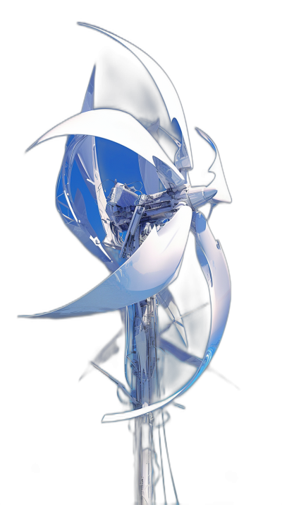 A futuristic wind turbine with five blades, each made of polished white metal and reflecting the blue sky, against a black background. The illustration is in the style of [Hajime Sorayama](https://goo.gl/search?artist%20Hajime%20Sorayama).