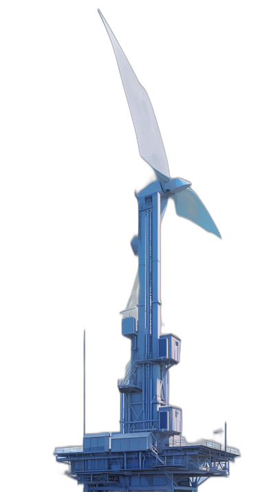 A wind turbine made of blue metal stands on the platform, against a black background, in the style of [Michael Whelan](https://goo.gl/search?artist%20Michael%20Whelan), a detailed illustration, 2D game art, isometric view, front lit, solid color background.