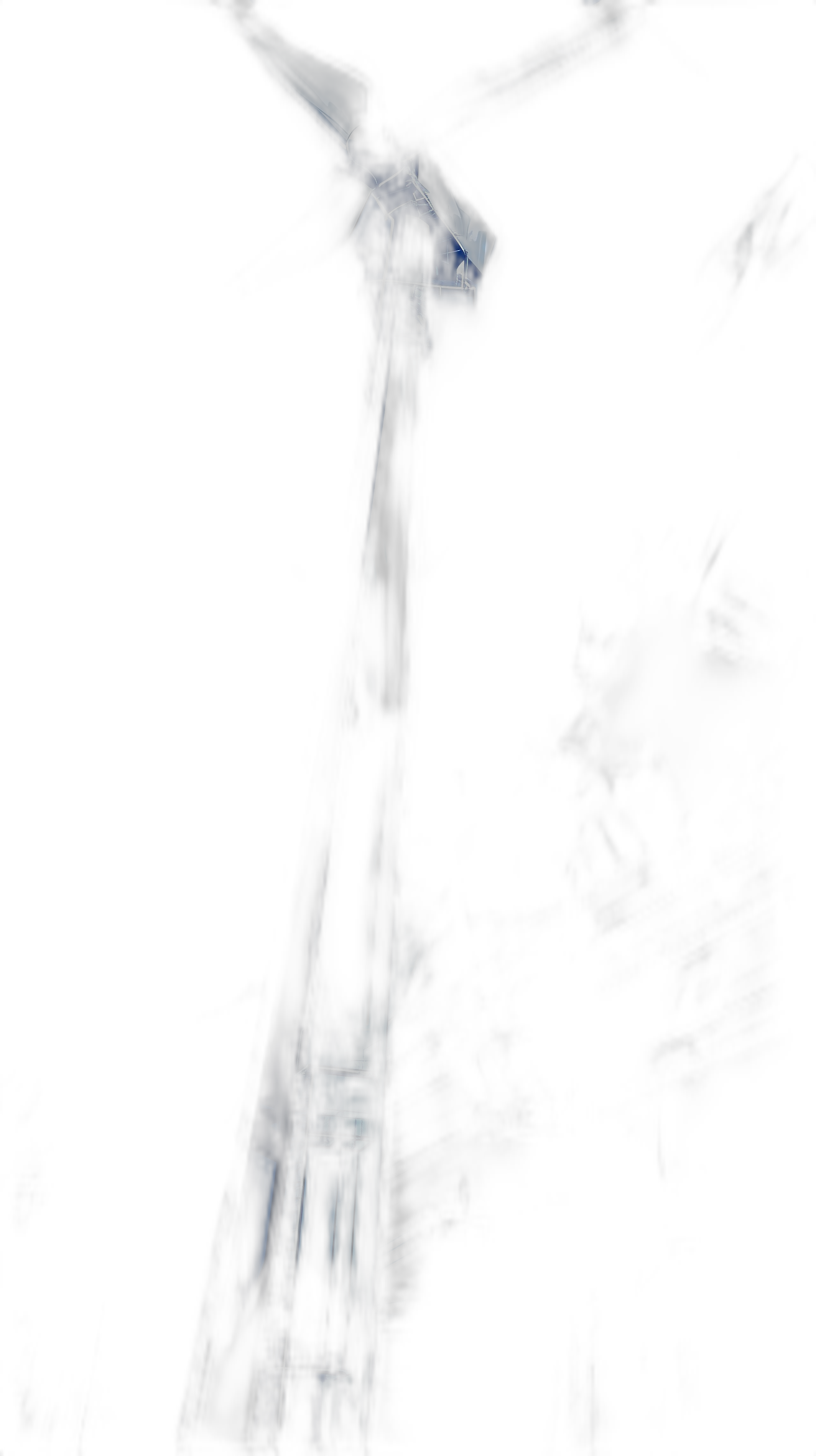 abstract minimalistic photography, windmill in the dark night, full body shot from below, backlit with blue light, black background, detailed texture of skin, style in the style of yohjiyamamoto, distorted glitch effect