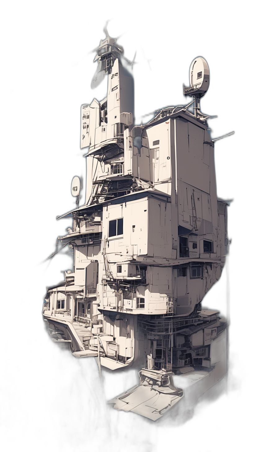 A white ink drawing of an abandoned space station, with many small buildings stacked on top of each other against a black background, in the concept art style of [Moebius](https://goo.gl/search?artist%20Moebius) and [Studio Ghibli](https://goo.gl/search?artist%20Studio%20Ghibli). A digital painting in a flat illustration style with an isometric perspective. The illustration is simple and minimalistic, with clean lines and a high contrast, low poly, pixel perfect, hyper realistic style.