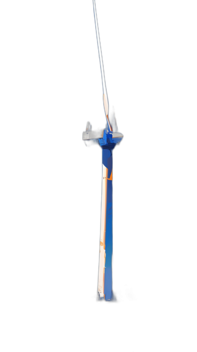 A blue and white wind turbine with orange details is illuminated by light on the left side of an allblack background, closeup shot from below. The tower has no blade but instead it's equipped with two thin long blades that reach up to its top. It appears as if they were extremely tall vertical lines. A small flame flickers at one end of each blade, illuminating them in an intense way. This highlights their shape, which adds depth and dimension to the photo.