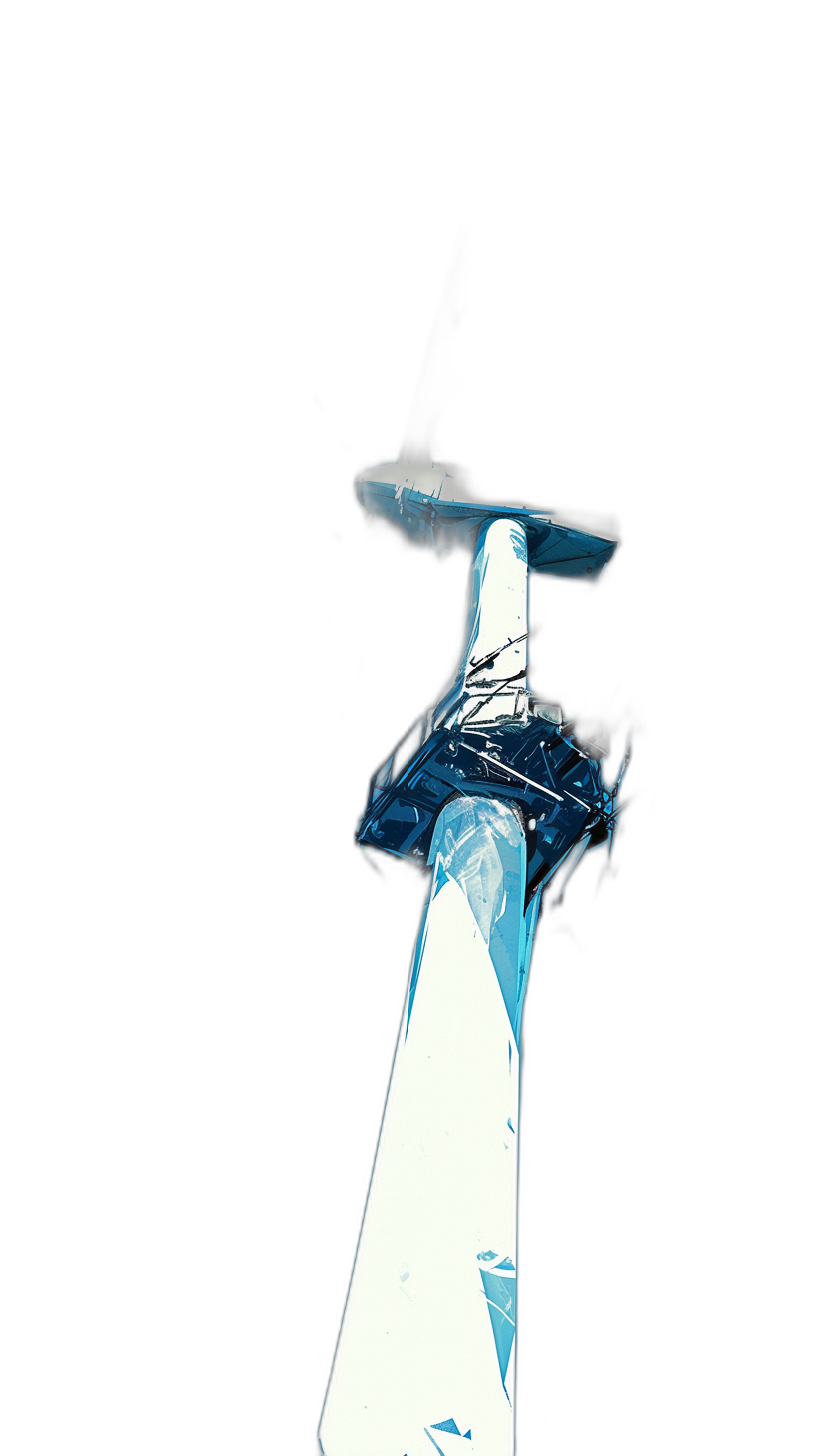 A white futuristic sword made of ice, floating in a black background, in a minimalist style, in the style of a cartoon, from a low angle shot, with a white and blue color palette, with soft lighting, with high contrast, with a cool tone, digital art.