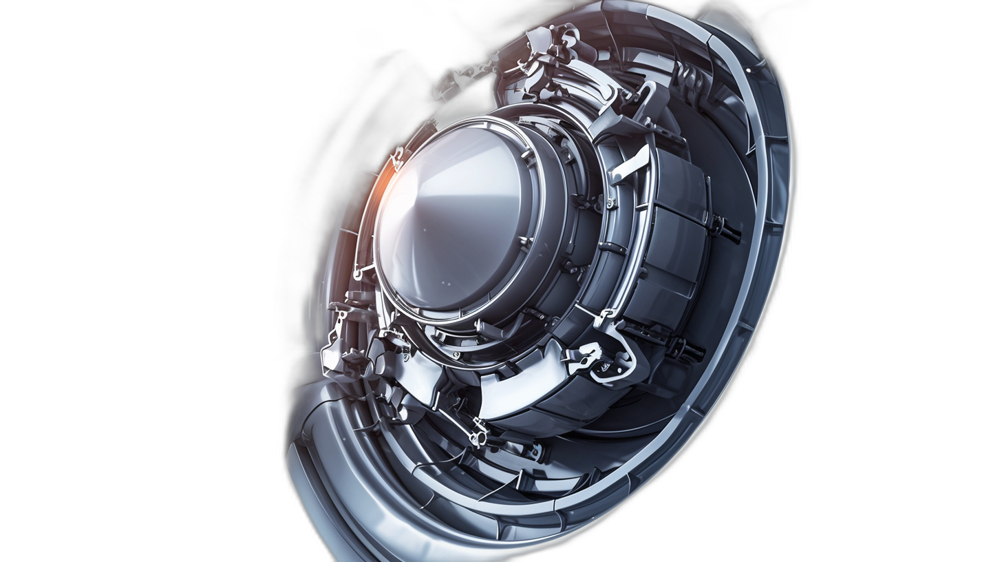 3d render of silver futuristic engine in black background, round shape with reflections, metal structure, closeup, hyperrealistic details, high resolution photography