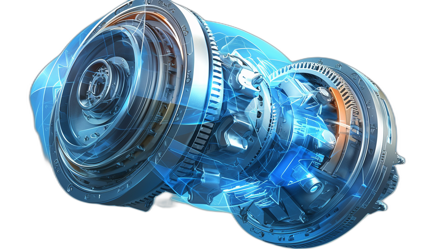 A transparent blue gear in the shape of an electric motor, the engine is visible from all angles and made with translucent glass material, in the style of hyperrealistic style, black background, in the style of hyperdetailed rendering, futuristic tech design, 3D model, high resolution