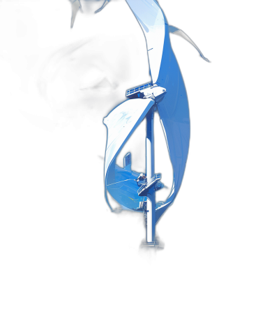 A blue wind turbine with a black background, in a dark style, a minimalist sculpture, with dark, white and light cyan colors, surrealistic illustrations, macro photography with a low angle view, at high resolution, a cartoon core, a flying model of a small aircraft in the air, with a perspective composition, a floating effect, a silhouette with light.