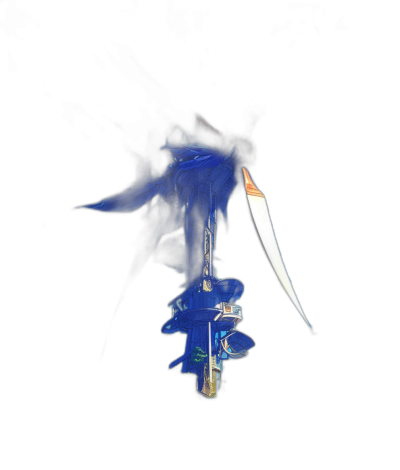 A blue sword with an aura of energy, flying in the air on a black background, in the anime style, with a glitch art effect, in a surrealistic and dreamy atmosphere, rendered in a hyperrealistic and fantasy style, with sharp focus, at an ultrahigh resolution, using octane render, with cinematic lighting, featuring high contrast, and a dynamic composition with motion blur. The texture is rough and textured, with white lines and glowing edges, creating a mysterious feeling. It has a strong sense of depth, a dark tone, and blue lighting effects. The scene creates tension.