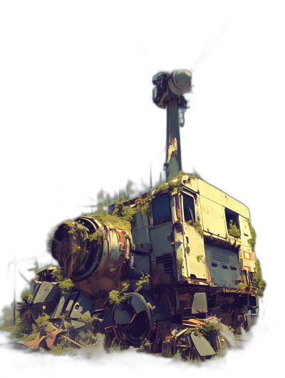 a broken rusty satellite with green moss growing on it, in the shape of an old white truck , overgrown by nature, on black background, pixel art style, postapocalyptic vibe, front view, low angle shot, ultra realistic, hyper detailed, no contrast, dark shadows, professional colour grading, no hard shadow