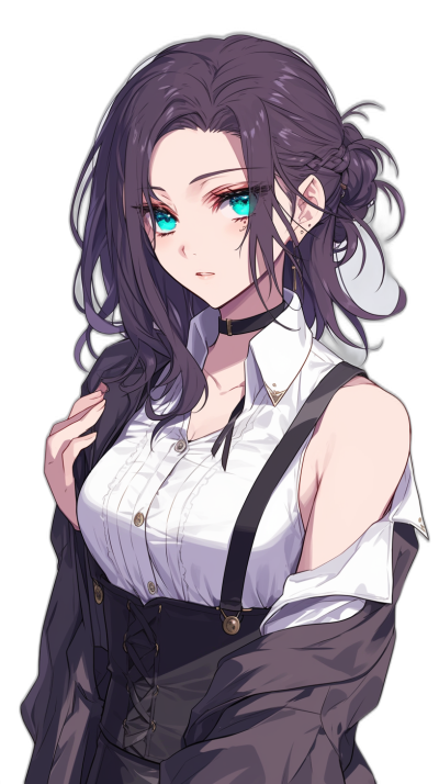 mature adult woman with long dark purple hair and blue eyes. She has pale skin and is wearing a white shirt with black suspenders around her waist. The artwork is in the style of anime art with a solid background. It is a fantasy character design portrait in the style of dnd art.