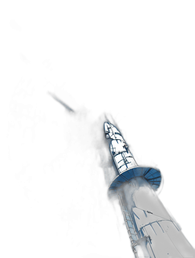 A white and blue futuristic rocket tower against a dark background with a black sky in a closeup, low angle shot depicted in a hyperrealistic, photo realistic style reminiscent of cinematography.