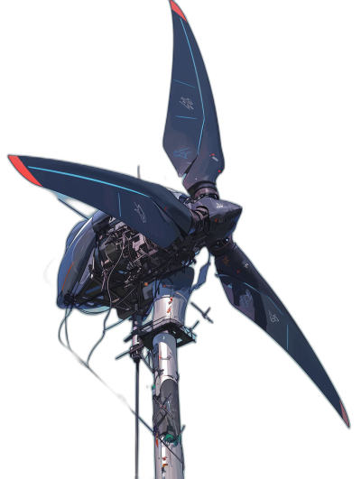 A wind turbine with blades shaped like the wings of an anime mecha, in the style of anime, solid black background, concept art in the style of [Yoji Shinkawa](https://goo.gl/search?artist%20Yoji%20Shinkawa) and Dominik Mayer, energyfilled illustrations with dynamic brushstrokes, Storybook illustration