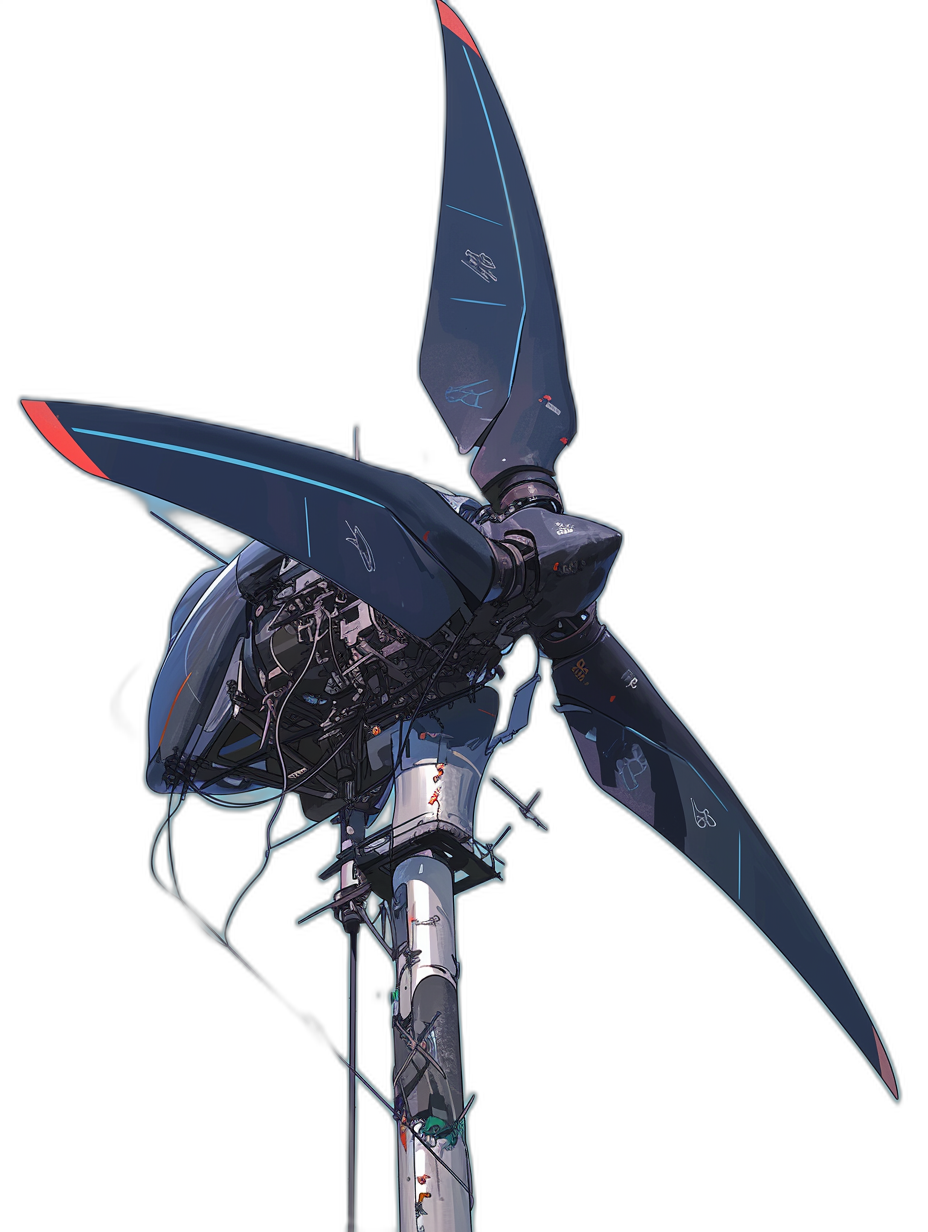 A wind turbine with blades shaped like the wings of an anime mecha, in the style of anime, solid black background, concept art in the style of [Yoji Shinkawa](https://goo.gl/search?artist%20Yoji%20Shinkawa) and Dominik Mayer, energyfilled illustrations with dynamic brushstrokes, Storybook illustration