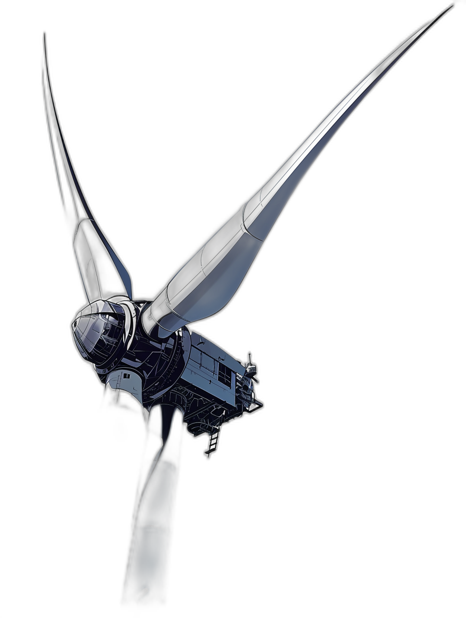 flying wind turbine with wings made of metal on a black background, concept art in the style of [Syd Mead](https://goo.gl/search?artist%20Syd%20Mead) and illustrated in the style of Mustrat Kusma