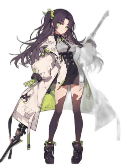 A female anime character with long dark hair, green eyes and pale skin wearing black tights and an open white coat over her dress and tall boots. She has two scimitars on each arm and is standing in front of a solid black background. Her outfit has some light purple accents. The overall style resembles that of Genshin Impact characters.