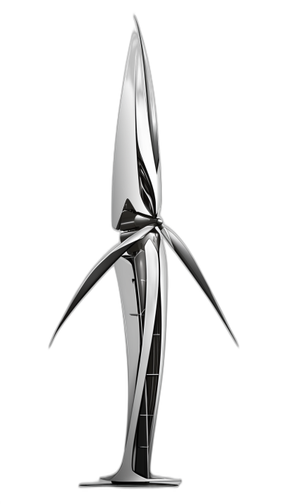 A futuristic wind turbine made of chrome, with sharp edges and curves that resemble the shape of an arrowhead. The blade is sleek metal against a black background, creating a striking contrast in silver against darkness. This design emphasizes its metallic texture and unique form through a frontal view.